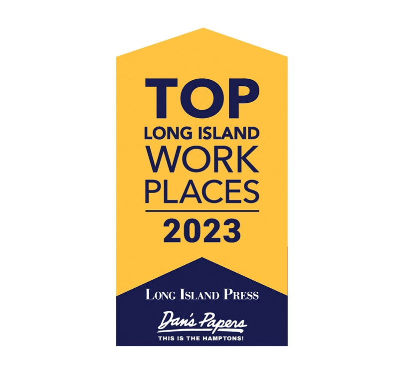 Award badge for 'Top Long Island Workplaces 2023' by Long Island Press on a white background