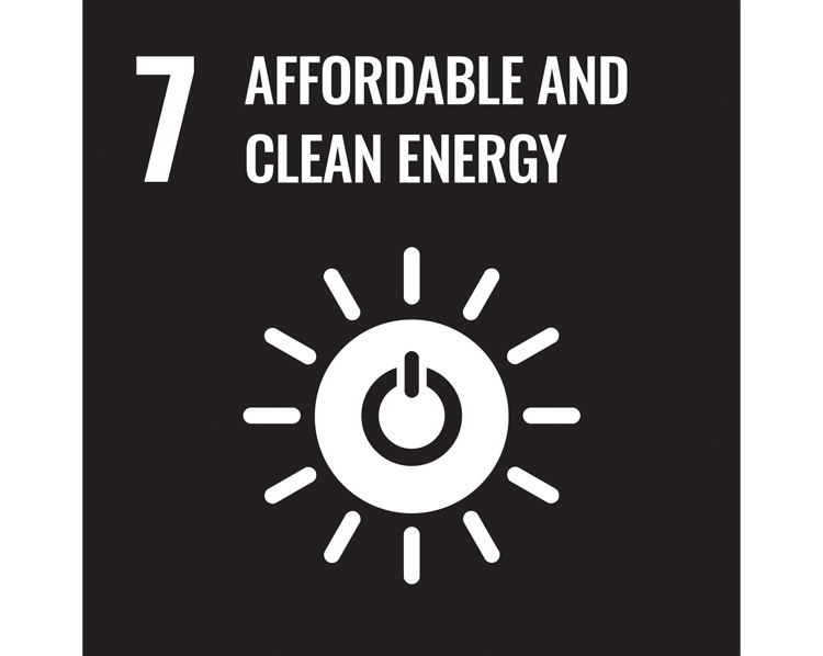 7 affordable and clean energy, graphic of sun with power button