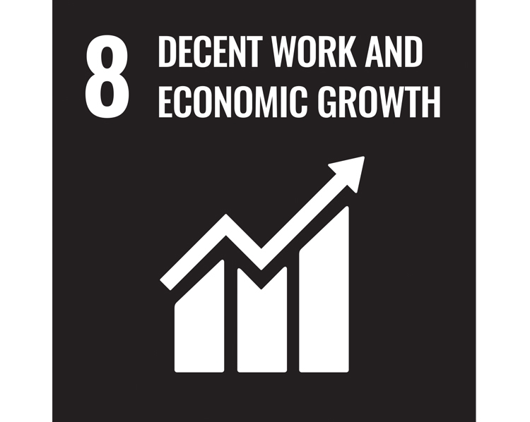 8 decent work and economic growth, graphic of bar chart with upward movement arrow